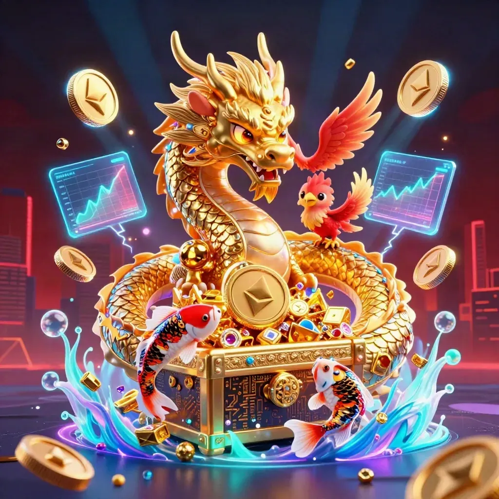 Golden dragon, phoenix, koi and glowing crypto coins burst around a treasure chest in neon casino splash.