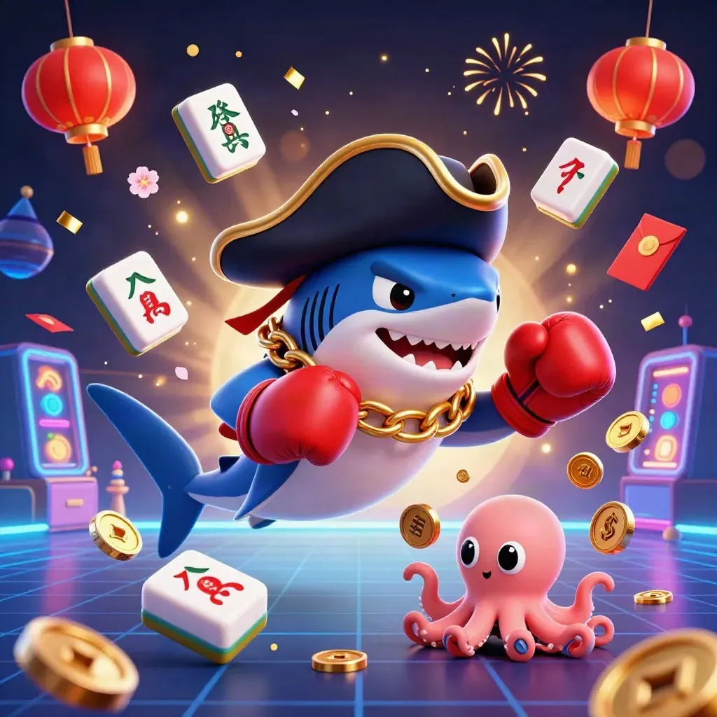 Pirate shark, boxing pufferfish, and coin-juggling octopus amid casino gold and neon blue